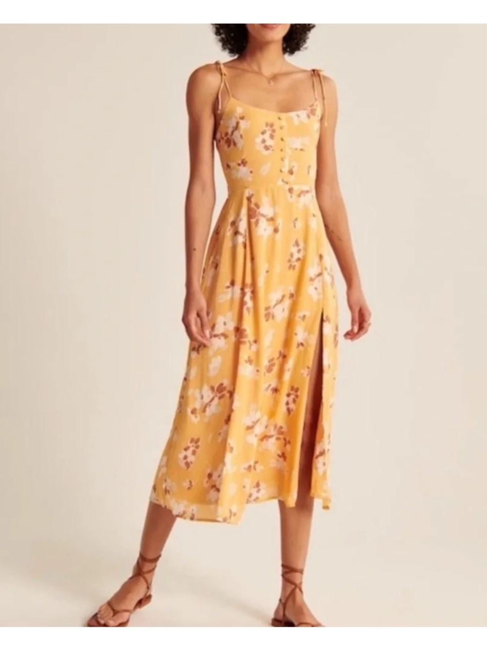 Abercrombie & Fitch Yellow Floral Tie-Shoulder Midi Dress